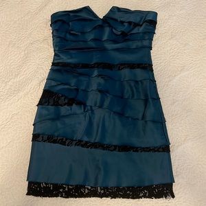 Bcbgeneration Layered Strapless Cocktail Dress Blue with Black Lace Layers